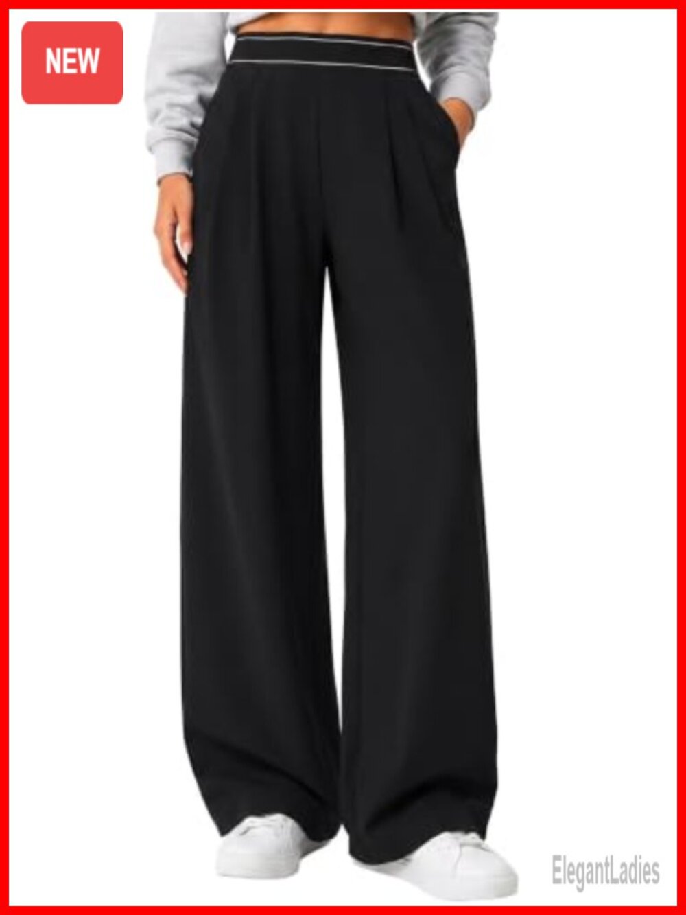 Pleated Wide Leg Stretch Trousers with Pockets Pull On Work Pants